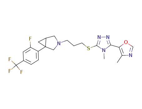 Molecular Structure of 863680-45-9 (3-Azabicyclo[3.1.0]hexane,
1-[2-fluoro-4-(trifluoromethyl)phenyl]-3-[3-[[4-methyl-5-(4-methyl-5-oxazol
yl)-4H-1,2,4-triazol-3-yl]thio]propyl]-)