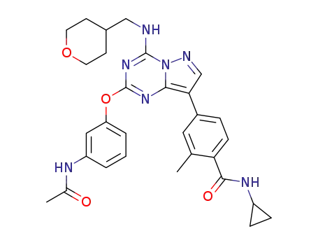 Molecular Structure of 1610676-58-8 (4-(2-(3-acetamidophenoxy)-4-(((tetrahydro-2H-pyran-4-yl)methyl)amino)pyrazolo[1,5-a][1,3,5]triazin-8-yl)-N-cyclopropyl-2-methylbenzamide)