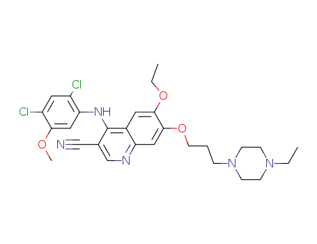 Molecular Structure of 753005-92-4 (4-[(2,4-Dichloro-5-methoxyphenyl)amino]-6-ethoxy-7-[3-(4-ethylpiperazin-1-yl)propoxy]quinoline-3-carbonitrile)