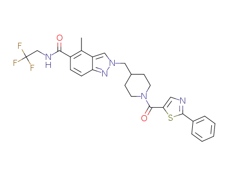 Molecular Structure of 1442120-48-0 (4-methyl-2-({1-[(2-phenylthiazol-5-yl)carbonyl]piperidin-4-yl}methyl)-N-(2,2,2-trifluoroethyl)-2H-indazole-5-carboxamide)