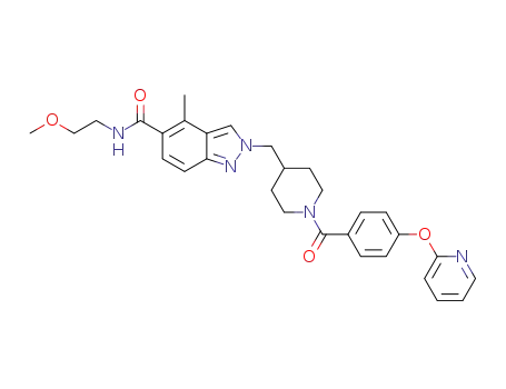 Molecular Structure of 1442120-97-9 (N-(2-methoxyethyl)-4-methyl-2-({1-[4-(pyridin-2-yloxy)benzoyl]piperidin-4-yl}methyl)-2H-indazole-5-carboxamide)