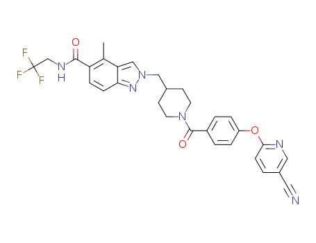 Molecular Structure of 1442120-61-7 (2-[(1-{4-[(5-cyanopyridin-2-yl)oxy]benzoyl}piperidin-4-yl)methyl]-4-methyl-N-(2,2,2-trifluoroethyl)-2H-indazole-5-carboxamide)