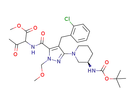 Molecular Structure of 847492-21-1 (Butanoic acid,
2-[[[4-[(2-chlorophenyl)methyl]-3-[(3R)-3-[[(1,1-dimethylethoxy)carbonyl]
amino]-1-piperidinyl]-1-(methoxymethyl)-1H-pyrazol-5-yl]carbonyl]amino
]-3-oxo-, methyl ester)