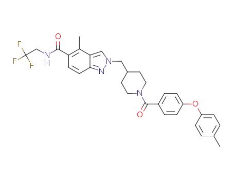 Molecular Structure of 1442120-35-5 (4-methyl-2-({1-[4-(4-methylphenoxy)benzoyl]piperidin-4-yl}methyl)-N-(2,2,2-trifluoroethyl)-2H-indazole-5-carboxamide)