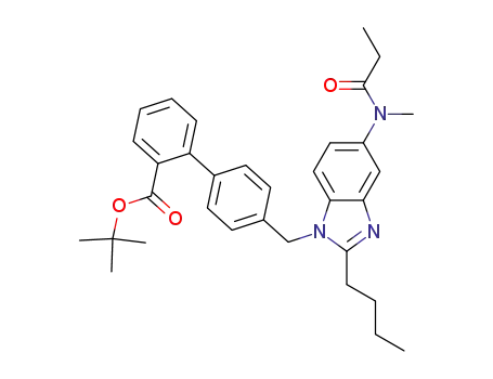 Molecular Structure of 133143-13-2 ([1,1'-Biphenyl]-2-carboxylic acid,
4'-[[2-butyl-5-[methyl(1-oxopropyl)amino]-1H-benzimidazol-1-yl]methyl]-,
1,1-dimethylethyl ester)