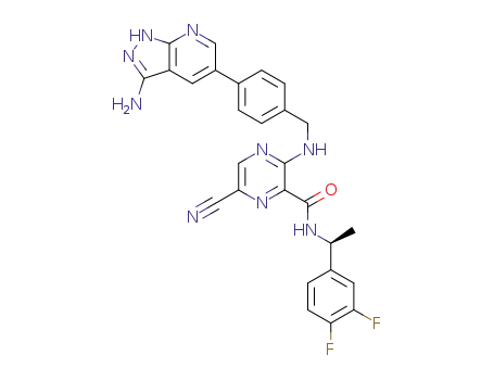 Molecular Structure of 1289179-33-4 (3-[4-(3-amino-1Η-pyrazolo[3,4-b]pyridin-5-yl)-benzylamino]-6-cyano-pyrazine-2-carboxylic acid [1-(3,4-difluoro-phenyl)-ethyl]-amide)