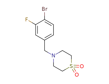 Molecular Structure of 1973485-27-6 (4-[(4-bromo-3-fluorophenyl)methyl]-1λ-thiomorpholine-1,1-dione)