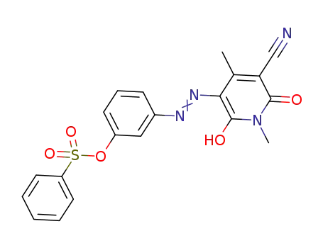 Molecular Structure of 59312-61-7 (1,2-dihydro-6-hydroxy-1,4-dimethyl-2-oxo-5-[[3-[(phenylsulphonyl)oxy]phenyl]azo]nicotinonitrile)