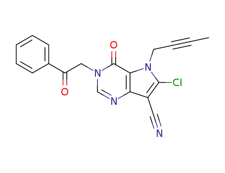 Molecular Structure of 942585-88-8 (5-but-2-ynyl-6-chloro-4-oxo-3-(2-oxo-2-phenyl-ethyl)-4,5-dihydro-3H-pyrrolo[3,2-d]pyrimidine-7-carbonitrile)