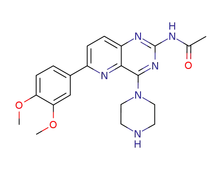 Molecular Structure of 897360-08-6 (Acetamide,
N-[6-(3,4-dimethoxyphenyl)-4-(1-piperazinyl)pyrido[3,2-d]pyrimidin-2-yl]
-)