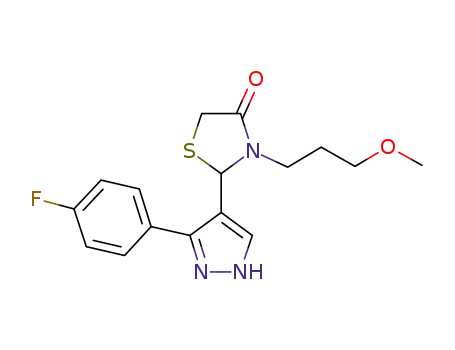 Molecular Structure of 881667-24-9 (4-Thiazolidinone,
2-[3-(4-fluorophenyl)-1H-pyrazol-4-yl]-3-(3-methoxypropyl)-)