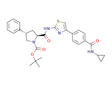 Molecular Structure of 1029798-74-0 ((2S,4S)-2-[4-(4-cyclopropylcarbamoyl-phenyl)-thiazol-2-ylcarbamoyl]-4-phenyl-pyrrolidine-1-carboxylic acid tert-butyl ester)