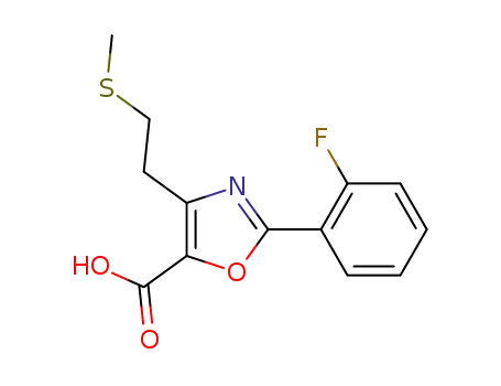 Molecular Structure of 924644-32-6 (5-Oxazolecarboxylic acid, 2-(2-fluorophenyl)-4-[2-(methylthio)ethyl]-)