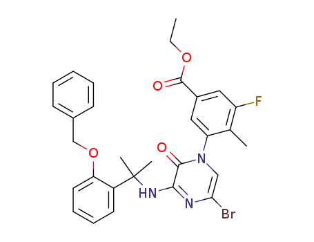 Molecular Structure of 1095005-86-9 (3-[5-bromo-3-[[1-methyl-1-[2-(phenylmethoxy)phenyl]ethyl]amino]-2-oxo-1(2H)-pyrazinyl]-5-fluoro-4-methyl-benzoic acid, ethyl ester)
