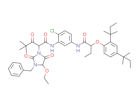 Molecular Structure of 95050-16-1 (1-Imidazolidineacetamide, N-[5-[[2-[2,4-bis(1,1-dimethylpropyl)phenoxy]-1-oxobutyl]amino]-2-chlorophenyl]-alpha-(2,2-dimethyl-1-oxopropyl)-4-ethoxy-2,5-dioxo-3-(phenylmethyl)-)