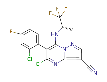 Molecular Structure of 632340-84-2 (Pyrazolo[1,5-a]pyrimidine-3-carbonitrile,
5-chloro-6-(2-chloro-4-fluorophenyl)-7-[[(1S)-2,2,2-trifluoro-1-methylethyl
]amino]-)