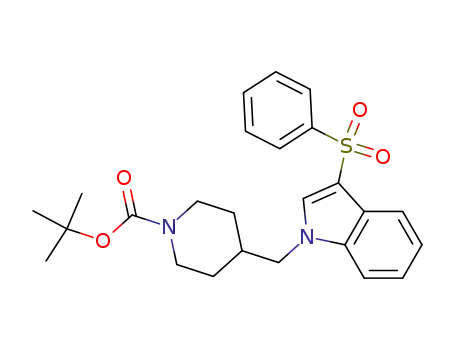 Molecular Structure of 651336-23-1 (1-Piperidinecarboxylic acid,
4-[[3-(phenylsulfonyl)-1H-indol-1-yl]methyl]-, 1,1-dimethylethyl ester)