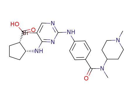 Molecular Structure of 958227-67-3 ((1S,2R)-2-(5-bromo-2-{4-[methyl-(1-methyl-piperidin-4-yl)-carbamoyl]-phenylamino}-pyrimidin-4-ylamino)-cyclopentanecarboxylic Acid)
