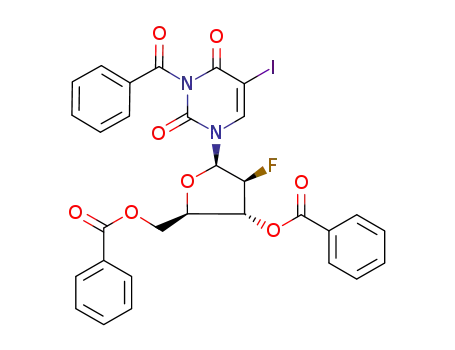 Molecular Structure of 157428-24-5 (1-(3,5-di-O-benzoyl-2-deoxy-2-fluoro-β-D-arabinofuranosyl)-N<sup>3</sup>-benzoyl-5-iodouracil)