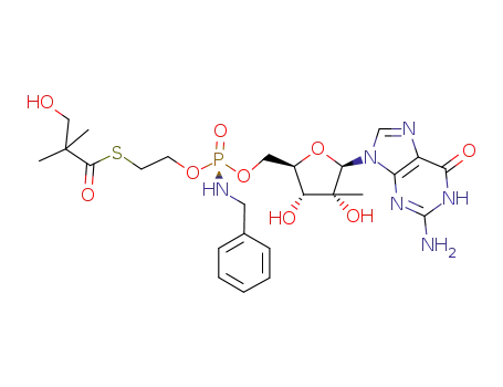 2’-C-methyl-guanosine 5’-[2-[(3-hydroxy-2,2-dimethyl-1-oxopropyl)thio]ethyl N-(phenylmethyl)phosphoramidate]