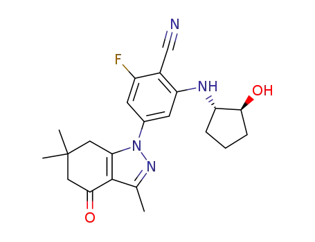 Molecular Structure of 1073974-02-3 (2-fluoro-6-((1S,2S)-2-hydroxy-cyclopentylamino)-4-(3,6,6-trimethyl-4-oxo-4,5,6,7-tetrahydro-indazol-1-yl)-benzonitrile)
