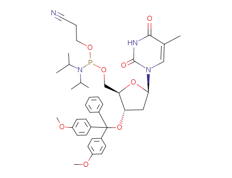 Molecular Structure of 134031-86-0 (5'-O-[(N,N-DIISOPROPYLAMINO)-(2-CYANOETHOXY)PHOSPHINYL]-3'-O-(4,4'-DIMETHOXYTRITYL)-THYMIDINE)