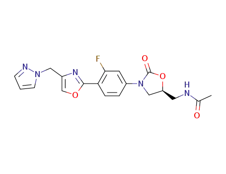 Molecular Structure of 1087352-54-2 (N-{3-[3-fluoro-4-(4-pyrazol-1-ylmethyl-oxazol-2-yl)-phenyl]-2-oxo-oxazolidin-5(S)-ylmethyl}-acetamide)