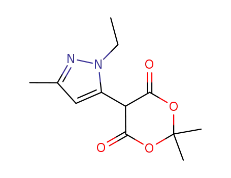 Molecular Structure of 955403-34-6 (5-(2-ethyl-5-methyl-2H-pyrazol-3-yl)-2,2-dimethyl-[1,3]dioxane-4,6-dione)