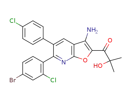 Molecular Structure of 1072708-12-3 (1-[3-Amino-6-(4-bromo-2-chlorophenyl)-5-(4-chlorophenyl)furo[2,3-b]pyridin-2-yl]-2-hydroxy-2-methylpropan-1-one)