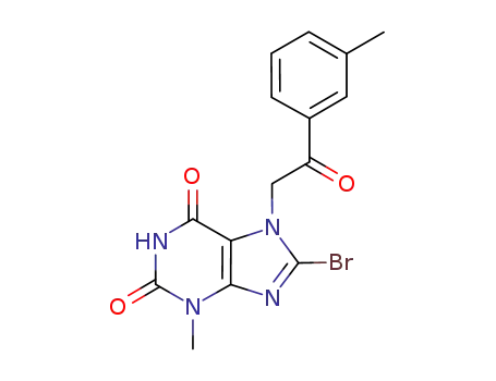 Molecular Structure of 1192215-78-3 (8-bromo-3,7-dihydro-3-methyl-7-[2-(3-methylphenyl)-2-oxoethyl]-1H-purine-2,6-dione)