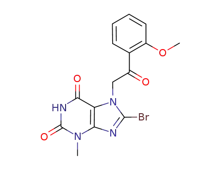 Molecular Structure of 1192215-75-0 (8-bromo-3,7-dihydro-7-[2-(2-methoxyphenyl)-2-oxoethyl]-3-methyl-1H-purine-2,6-dione)