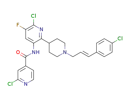 Molecular Structure of 1196696-83-9 (2-chloro-N-{6-chloro-1'-[(E)-3-(4-chloro-phenyl)-allyl]-5-fluoro-1',2',3',4',5',6'-hexahydro-[2,4l]bipyridinyl-3-yl}-isonicotinamide)