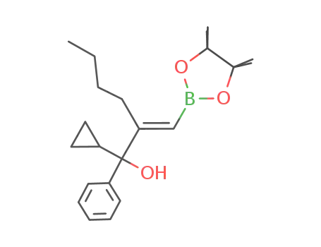 Molecular Structure of 1092969-49-7 ((E)-1-cyclopropyl-1-phenyl-2-(1-(4,4,5,5-tetramethyl-[1,3,2]dioxaborolan-2-yl)methylene)hexan-1-ol)