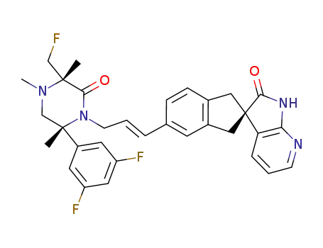 Molecular Structure of 1189569-34-3 ((2R)-5-{(1E)-3-[2-(3,5-difluorophenyl)-5-(fluoromethyl)-2,4,5-trimethyl-6-oxopiperazin-1-yl]prop-1-en-1-yl}-1,3-dihydrospiro[indene-2,3'-pyrrolo[2,3-b]pyridin]-2'(1'H)-one)