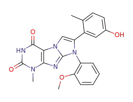 Molecular Structure of 1192216-03-7 (1H-Imidazo[2,1-f]purine-2,4(3H,8H)-dione, 7-(5-hydroxy-2-methylphenyl)-8-(2-methoxyphenyl)-1-methyl-)