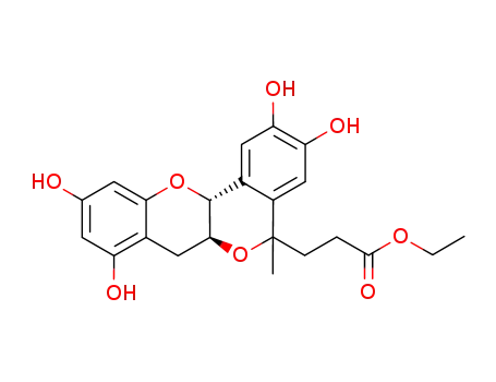 Molecular Structure of 1198466-41-9 ((6aS,12aR)-3-(2,3,8,10-tetrahydroxy-5-methyl-5,6a,7,12a-tetrahydro-isochromeno[4,3-b]chromen-5-yl)-propionic acid ethyl ester)