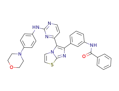 Molecular Structure of 1159883-59-6 (N-(3-(5-(2-((4-morpholin-4-ylphenyl)amino)pyrimidin-4-yl)imidazo[2,1-b][1,3]thiazol-6-yl)phenyl)benzamide)