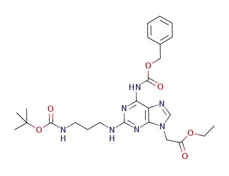 Molecular Structure of 1187357-54-5 (ethyl 2-[6-(benzyloxycarbonyl)amino-2-{3-(t-butoxy-carbonylamino)propyl}amino-9H-purin-9-yl]acetate)