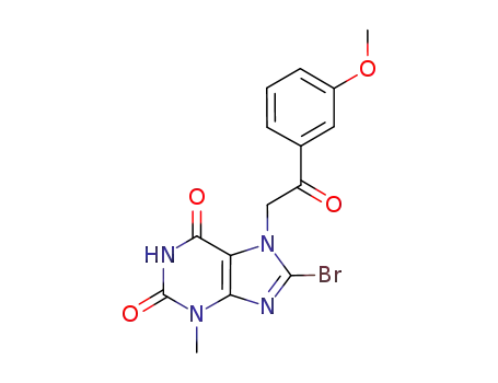 Molecular Structure of 1192215-76-1 (8-bromo-3,7-dihydro-7-[2-(3-methoxyphenyl)-2-oxoethyl]-3-methyl-1H-purine-2,6-dione)