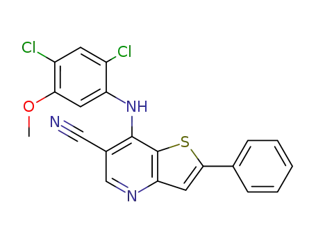 Molecular Structure of 700844-33-3 (7-[(2, 4-dichloro-5-methoxyphenyl) amino]-2-phenylthieno [3,2-b] pyridine-6-carbonitrile)