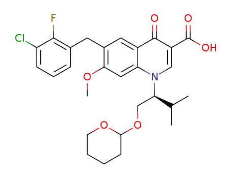 Molecular Structure of 1261284-01-8 (6-(3-chloro-2-fluorobenzyl)-7-methoxy-1-[1-(S)-2-methyl-1-(tetrahydropyran-2-yloxymethyl)prop-1-yl]-4-oxo-1,4-dihydroquinoline-3-carboxylic acid)