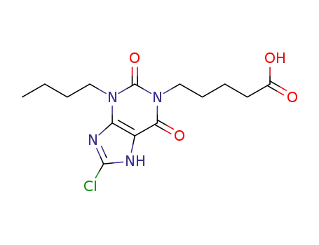Molecular Structure of 925252-55-7 (1H-Purine-1-pentanoic acid,
3-butyl-8-chloro-2,3,6,9-tetrahydro-2,6-dioxo-)