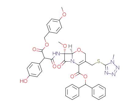 Benzhydryl 7-((2-(4-hydroxyphenyl)-3-(4-methoxybenzyloxy)-3-oxopropionyl)amino)-7-methoxy-3-(((1-methyl-1H-tetrazol-5-yl)thio)methyl)-8-oxo-5-oxa-1-azabicyclo(4.2.0)oct-2-ene-2-carboxylate