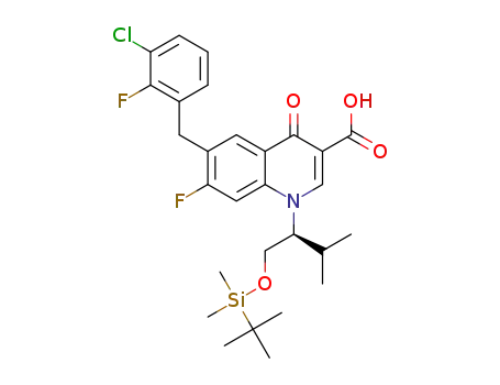 Molecular Structure of 1261283-95-7 (1(S)-[1-(tert-butyldimethylsilanyloxymethyl)-2-methylprop-1-yl]-6-(3-chloro-2-fluorobenzyl)-7-fluoro-4-oxo-1,4-dihydroquinoline-3-carboxylic acid)