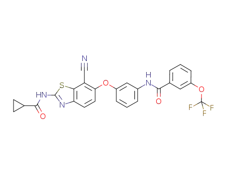 Molecular Structure of 1228590-53-1 (N-[3-({7-cyano-2-[(cyclopropylcarbonyl)amino]-1,3-benzothiazol-6-yl}oxy)phenyl]-3-(trifluoromethoxy)benzamide)