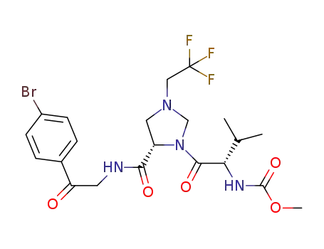 Molecular Structure of 1256387-02-6 ((S,S)-(1-(5-(2-(4-bromophenyl)-2-oxoethylcarbamoyl)-3-(2,2,2-trifluoroethyl)imidazolidine-1-carbonyl)-2-methylpropyl)carbamic acid methyl ester)