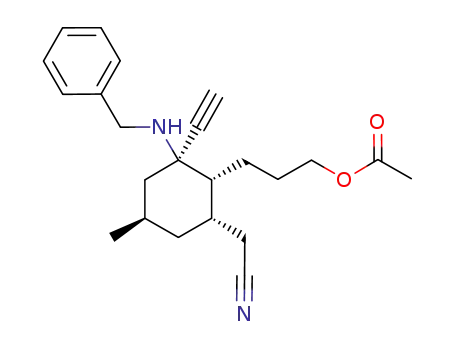Molecular Structure of 1225377-67-2 (3-((1R,2R,4R,6S)-2-(benzylamino)-6-(cyanomethyl)-2-ethynyl-4-methylcyclohexyl)propyl acetate)