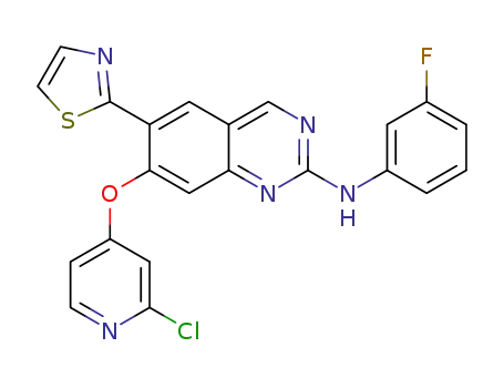 Molecular Structure of 1036751-66-2 (7-(2-chloropyridin-4-yloxy)-N-(3-fluorophenyl)-6-(thiazol-2-yl)quinazolin-2-amine)