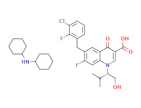 Molecular Structure of 1261283-94-6 (6-(3-chloro-2-fluorobenzyl)-7-fluoro-1-((S)-1-hydroxymethyl-2-methylprop-1-yl)-4-oxo-1,4-dihydroquinoline-3-carboxylic acid dicyclohexylamine salt)