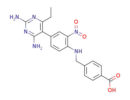 Molecular Structure of 194039-59-3 (Benzoic acid,
4-[[[4-(2,4-diamino-6-ethyl-5-pyrimidinyl)-2-nitrophenyl]amino]methyl]-)